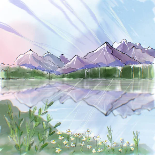 Pintura Acuarela Lago Montaña Con Reflexión Flores Puesta Del Sol —  Fotos de Stock