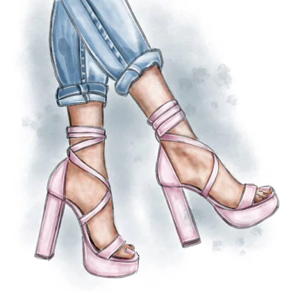 Akwarela Moda Ilustracja Nogi Kobiet Dżinsach Różowe Sandały Białym Tle — Zdjęcie stockowe