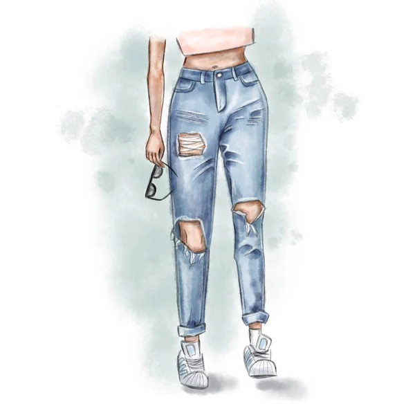 Watercolor fashion illustration of women\'s legs in jeans and white sneakers on a white background, holding sunglasses, for logo, print, avatar, gift, painting.