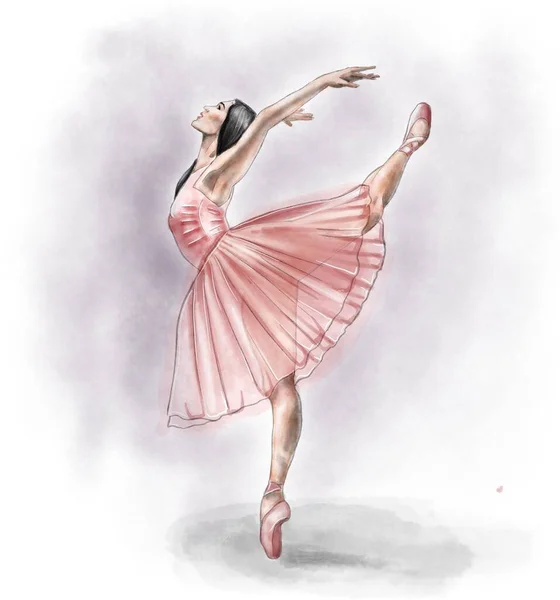 水彩舞芭蕾舞演员穿着粉色连衣裙和平底鞋站在纸背上的图例 供印刷 舞蹈工作室 舞蹈演员使用 — 图库照片