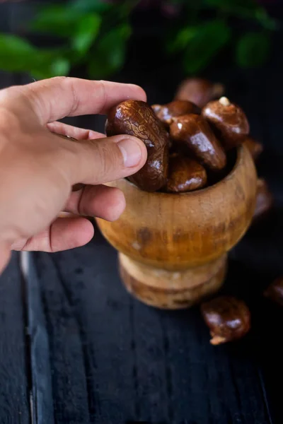 stock image Artocarpus altilis, exotic fruit rich in carbohydrates and fiber, called breadfruit or fruti pan, Artocarpus species, of the family Moraceae