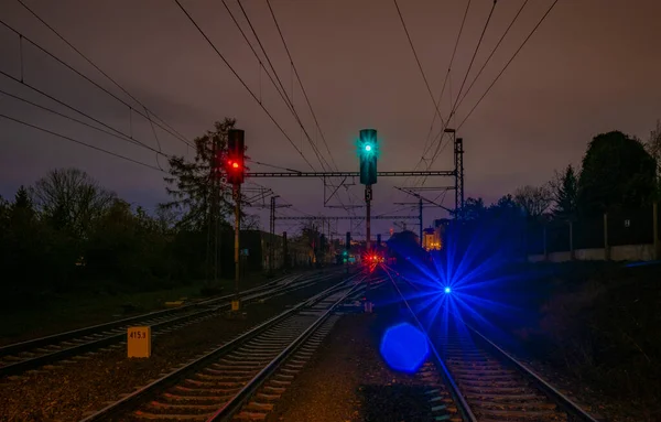 Ferrocarril Tren Luz Noche Praga Podbaba Estación Color — Foto de Stock