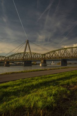 Avusturya 'nın Linz kasabasındaki demiryolu ve yol köprüleri güneşli bir öğleden sonra
