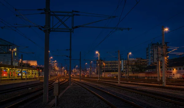 Linz Gare Couleur Soirée Automne Après Coucher Soleil — Photo