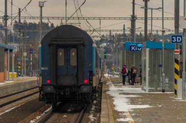 Krizanov İstasyonu Yolcu treni ile Kışın erken saatlerinde bulutlu bir günde