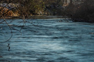 Kışın hızlı akan Malse nehri Büyük Ceske Budejovice şehri yakınlarında soğuk bir gün.