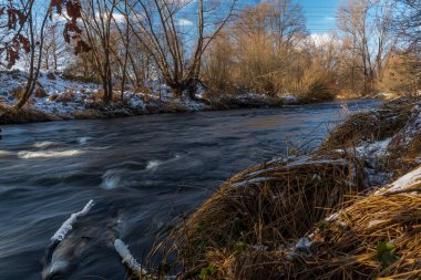 Kışın hızlı akan Malse nehri Büyük Ceske Budejovice şehri yakınlarında soğuk bir gün.
