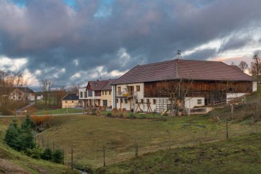 Landscape in north Austia in winter sunny morning without fresh snow