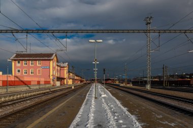 Passenger station building in frosty fresh sunny morning in station Veseli nad Luznici 01 30 2023