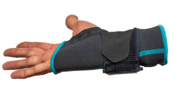 Red hand with blue new orthosis and light white background