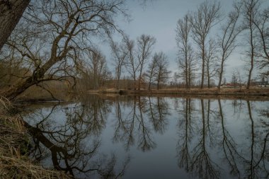Sobeslav kasabası ve taze Luznice nehri kış bulutlu güneşli sabahta