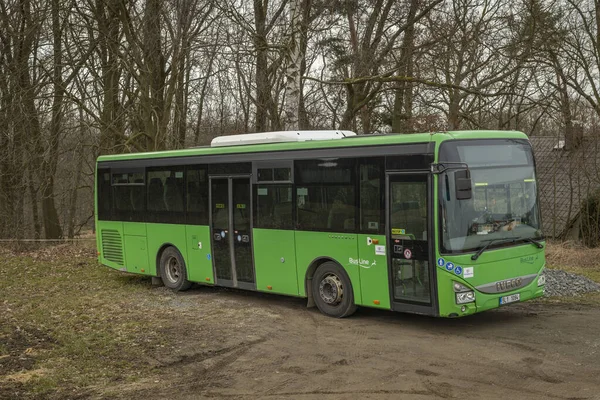 stock image Green passenger bus parking in cloudy working day in Sobeslav 03 07 2023