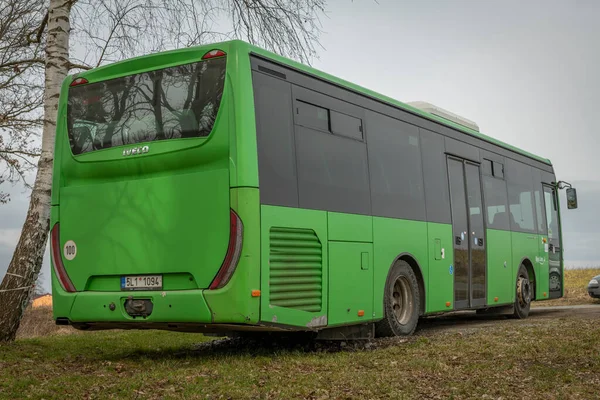 stock image Green passenger bus parking in cloudy working day in Sobeslav 03 07 2023