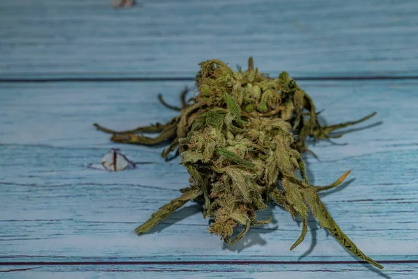 Kuru Marihuana Koyu Yeşil Çiçek Mavi Ahşap Eski Masada — Stok fotoğraf