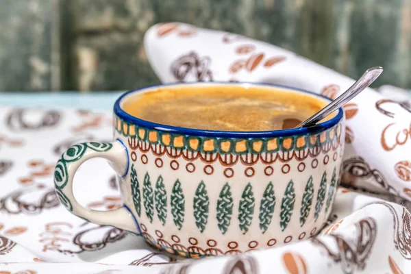 Ręcznik Kawy Filiżanką Łyżeczką Kawą Cukrem Suchym Mlekiem — Zdjęcie stockowe