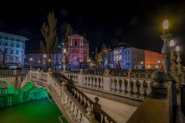 Ljubljana 'daki Ljubljanica nehrinin yakınındaki genç ağaçlar ve renklerle ilkbahar sabahı manzarası.