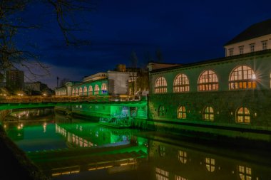 Ljubljana 'daki Ljubljanica nehrinin yakınındaki genç ağaçlar ve renklerle ilkbahar sabahı manzarası.