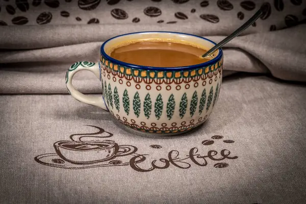 Dish Coffee Towel Cup Spoon Coffee Sugar Dry Milk — Stock Photo, Image