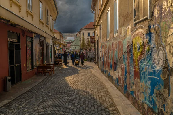 Alte Malerei Straßen Mit Pflaster Frühling Bewölkten Tag Ljubljana 2023 — Stockfoto