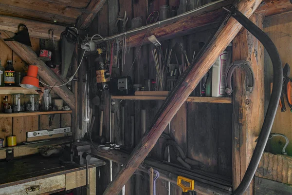Wnętrze Starej Retro Drewnianej Szopy Czeskim Typowym Górskim Domku Roprachtice — Zdjęcie stockowe