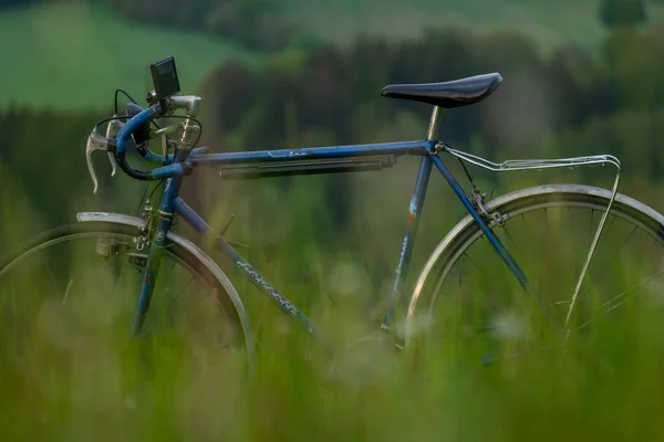 Αγαπημένο Παλιό Μπλε Ποδήλατο Την Άνοιξη Βράδυ Στο Roprachtice Ωραίο — Φωτογραφία Αρχείου