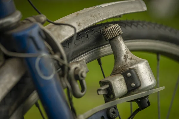 Λεπτομέρεια Του Μπλε Παλιό Βρώμικο Ποδήλατο Πράσινο Χρώμα Γρασίδι Άνοιξη — Φωτογραφία Αρχείου
