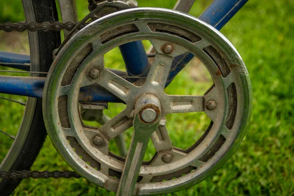 Dettaglio Della Vecchia Bicicletta Sporca Blu Verde Primavera Erba Giorno — Foto Stock