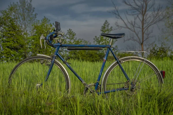 자전거와 현대적 전화를 근처의 목초지에서 — 스톡 사진