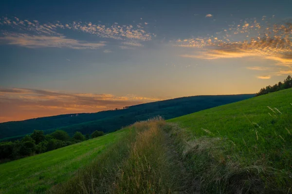 stock image Color evening on Slovakia part of border in Bile Karpaty mountains in hot summer