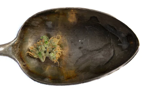 Kuru Marihuana Izole Edilmiş Arka Planı Olan Tarihi Altın Kaşıkta — Stok fotoğraf