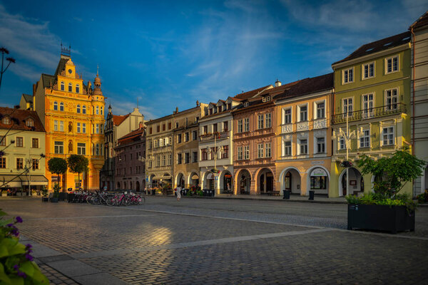 Historic old center with sunset light in summer hot sunny evening in Budweis CZ 07 31 2023