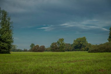 Sonbaharda Chomoutov köyü yakınlarındaki çayırlar mavi suyla sıcak renkli bir gün.