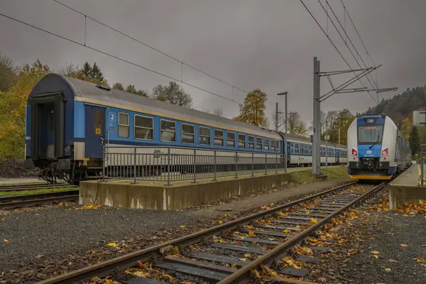 stock image New electric blue passenger unit train in Kouty nad Desnou station CZ 11 05 2023