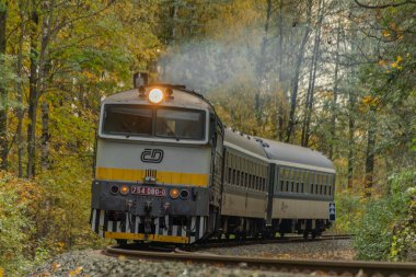 Bludov CZ 11 04 2023 'te sonbaharda küçük bir istasyon yakınında yolcu treni temiz renk günü