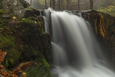 Sel suyuyla Ponikly Şelalesi Sonbahar sisli sabahında her gece yağmur yağar