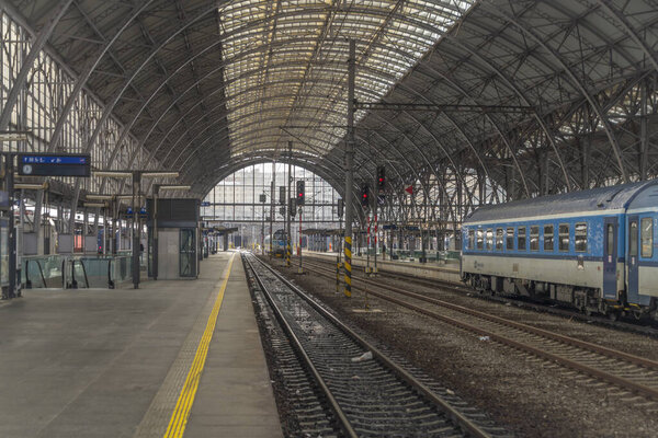 Trains and platforms in main station in winter cold morning in Prague CZ 12 10 2023