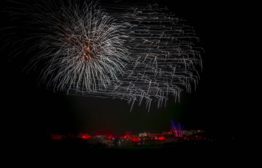 Fireworks near Protivin town in south Bohemia in dark winter night
