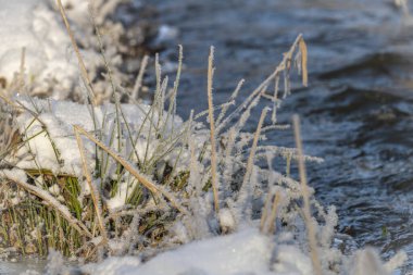 Karlı soğuk dere Kysela voda güneşli bir günde büyük bir köyün yakınlarında