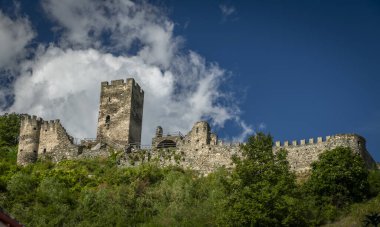 Yeşil yaz Donau nehrinin taze vadisi Avusturya 'da harabelerle sıcak güneşli bir gün