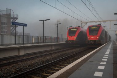 Yolcu trenleri Dordrecht Stadspolders Hollanda 'da sabah sisli tren durağında duruyor.