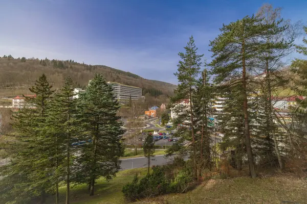 Yeşil Orman 'dan Valey' e kadar uzanan kaplıca kasabasında Jachymov CZ 03 30 2024 caddeleri