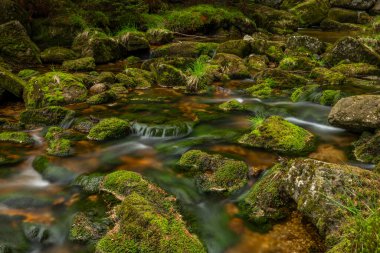 Baharda Kamenice Şelalesi fırtınadan önce Jizerske dağlarında güneşli bulutlu bir günde