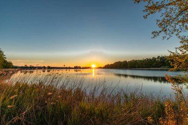 Dam between Bezdrev and Cesnovicky cip pond with spring color sunset evening with green trees clipart