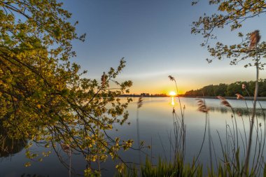 Bezdrev ve Cesnovicky CIP göleti arasındaki baraj. Baharın renkleriyle, günbatımında yeşil ağaçlarla.