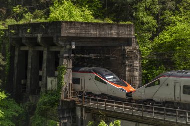 İtalya 'dan İsviçre' ye giden kırmızı hızlı tren. İtalya 05: 11 2024.