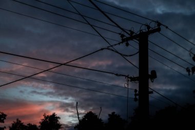 Günbatımından sonra gökyüzünü elektrik kabloları ve karanlık ağaçlarla renklendir