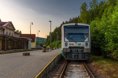 Peronlu ve renkli dizel trenli tren istasyonu Kraslice CZ 06 29 2024
