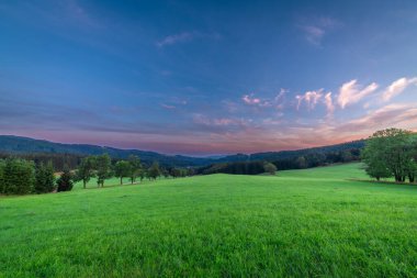 Tepeli yeşil çayır ve Ramzova köyü yakınlarındaki taze gece ormanları.