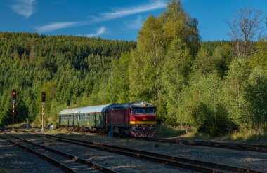 Old historic red engine and green coach in station Jedlova CZ 09 21 2024 clipart