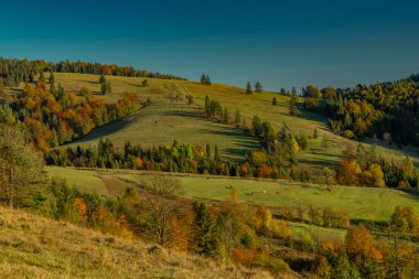 View for mountain deep valley in autumn color evening near Jaworki Poland clipart